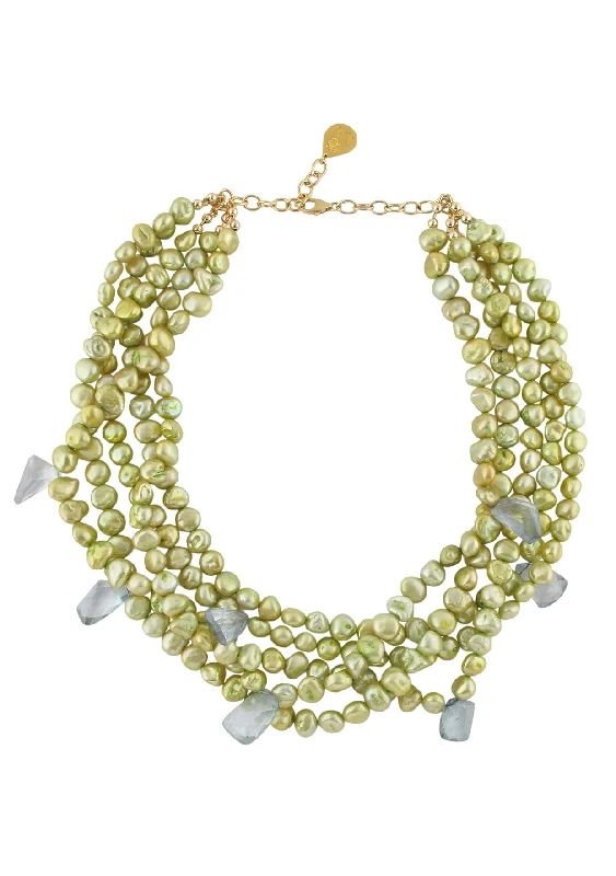 Unique Crystal Necklace-Lemon Freshwater Pearl Blue Iolite Multi-Strand Necklace