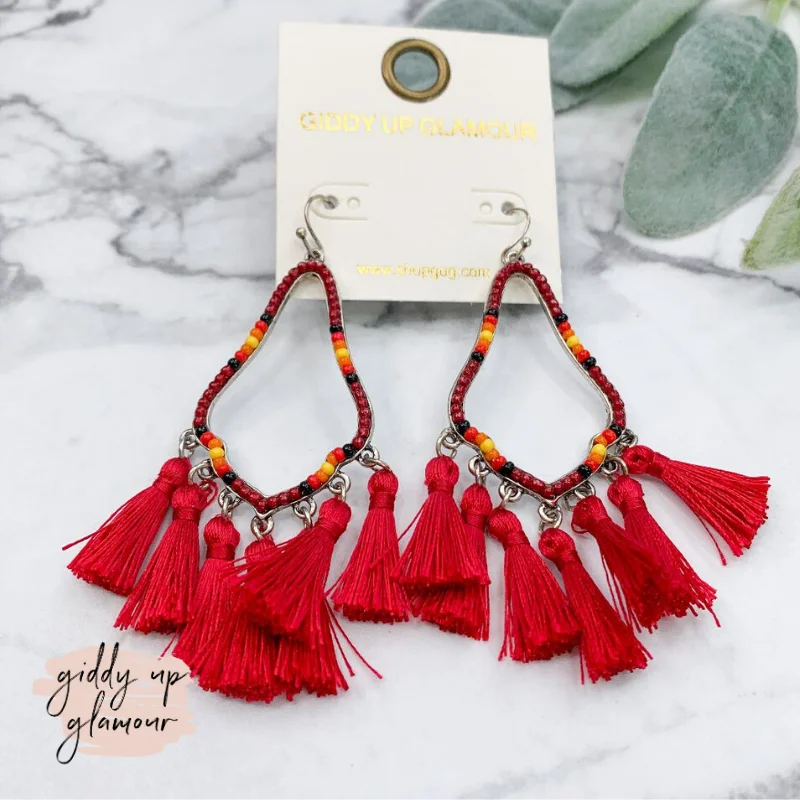 Bridal Earrings with Crystals-Beaded Aztec Drop Tassel Earrings in Burgundy