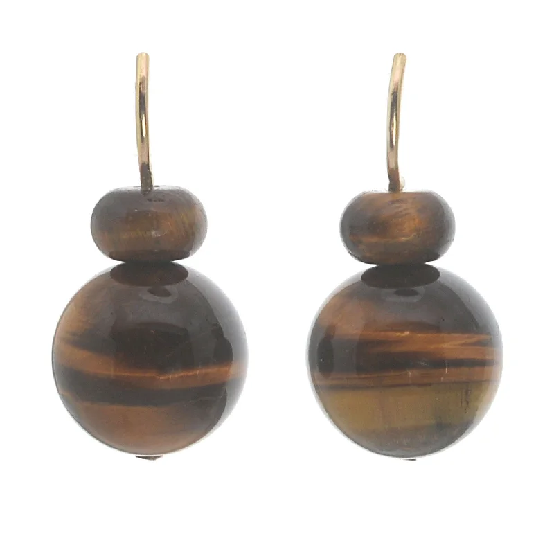 Trendy Drop Earrings-Pom Pom Hooplet Earrings Tigers Eye