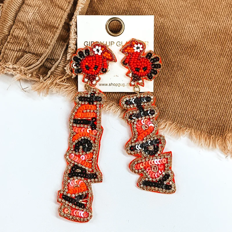 Gold Hoop Earrings-Happy Turkey Day Beaded Earrings in Orange and Dark Brown