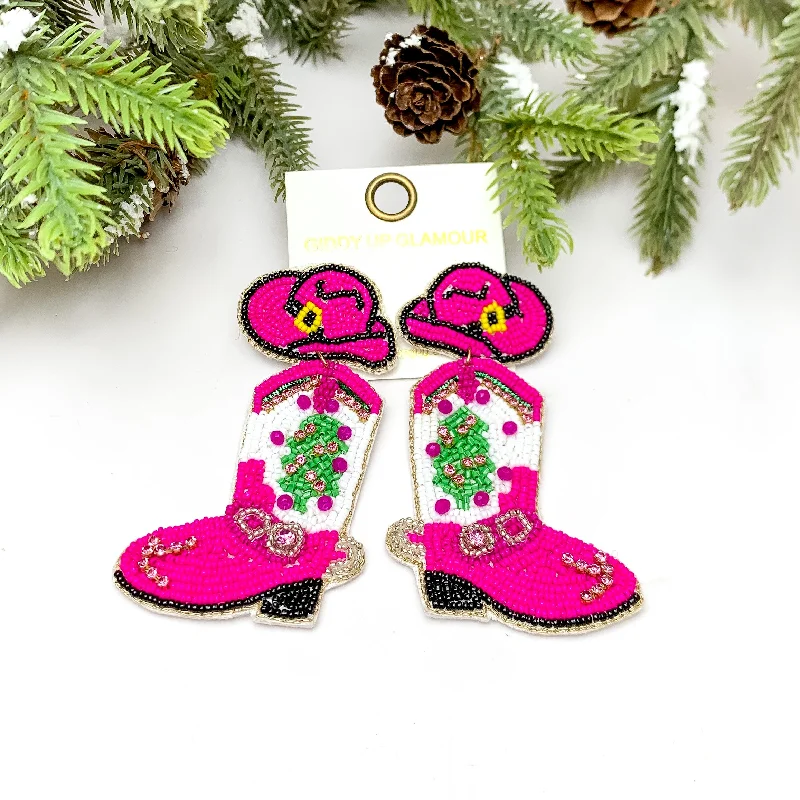 Cute Butterfly Earrings-Cowgirl Christmas Beaded Boot Earrings With Hat Post in Pink