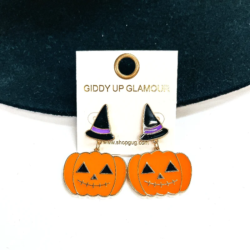 Crystal and Pearl Earrings-Witch Hat Post Earrings with Jack O' Lantern Drop in Orange