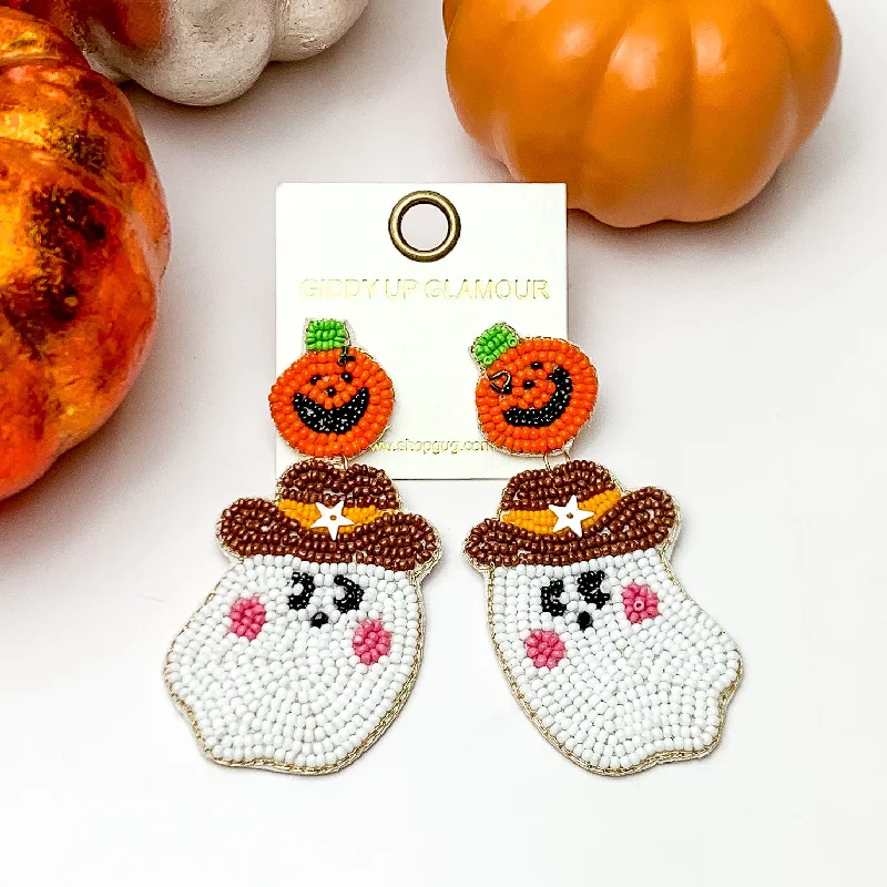 Sparkling Hoop Earrings-Beaded Cowboy Ghost Earrings with Orange Pumpkin Studs in White