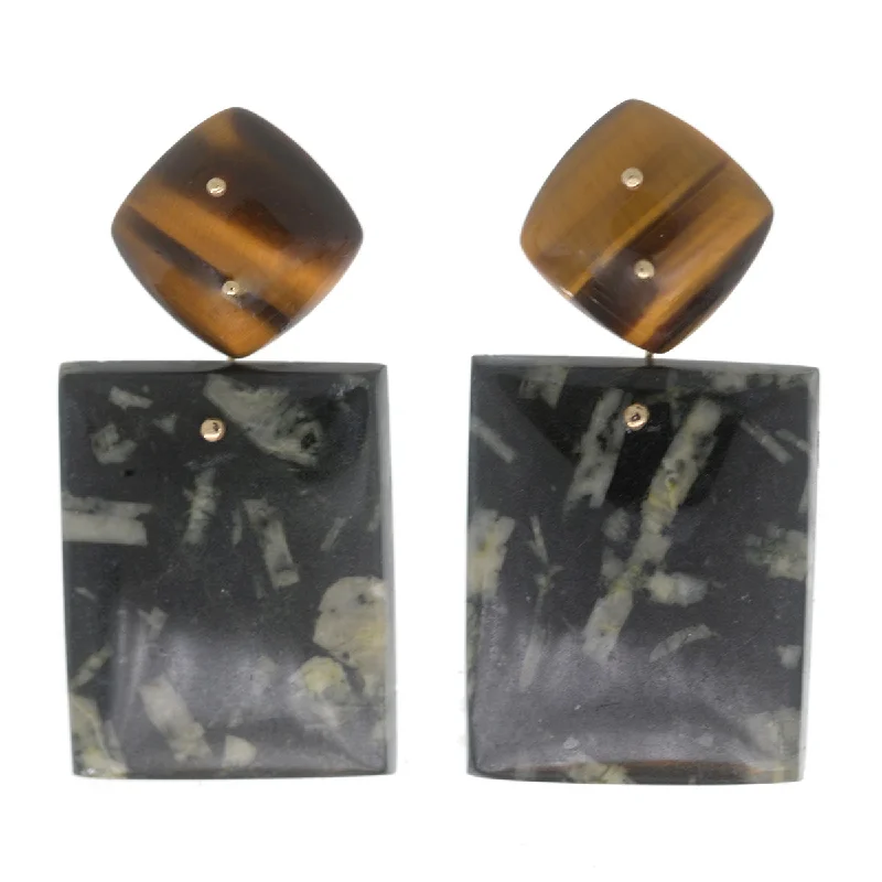 Trendy Earrings for Bridesmaids-Mobile Earrings Tigers Eye Chinese Writing Stone