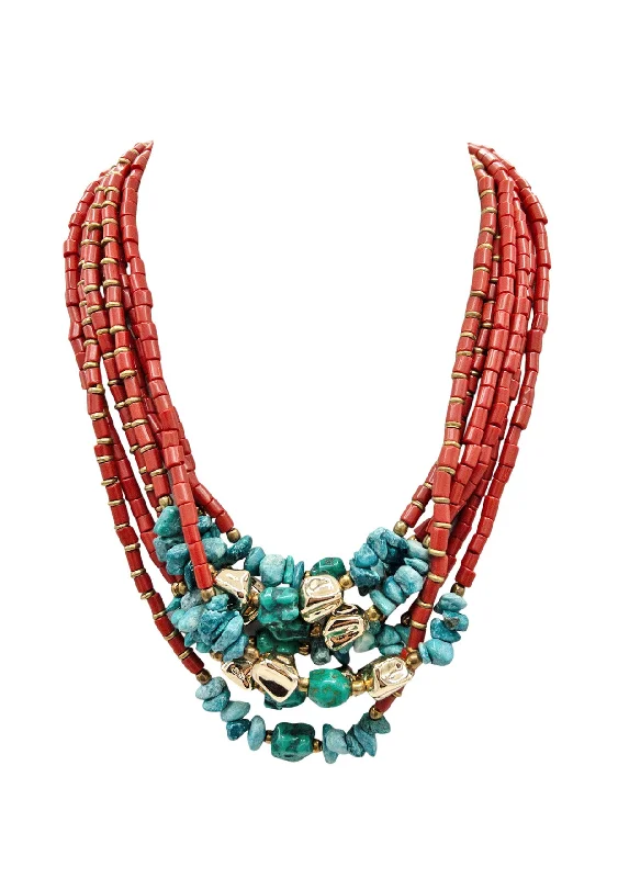 Unique Gold Necklace-Red Coral Turquoise Gold Bohemian Necklace