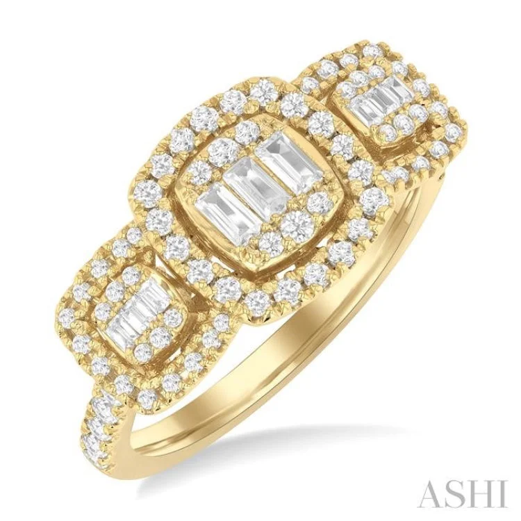 Platinum Engagement Ring-3/4 ctw Cushion Shape Past, Present & Future Fusion Baguette and Round Cut Diamond Engagement Ring in 14K Yellow Gold