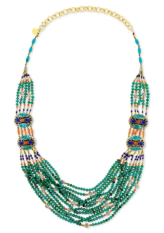 Luxury Pearl Necklace-Ethnic Multistrand Turquoise Necklace