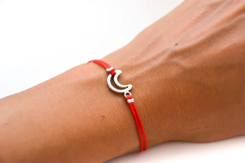 Gold Bracelet with Diamonds-Red cord bracelet with a silver crescent moon charm, gift for her