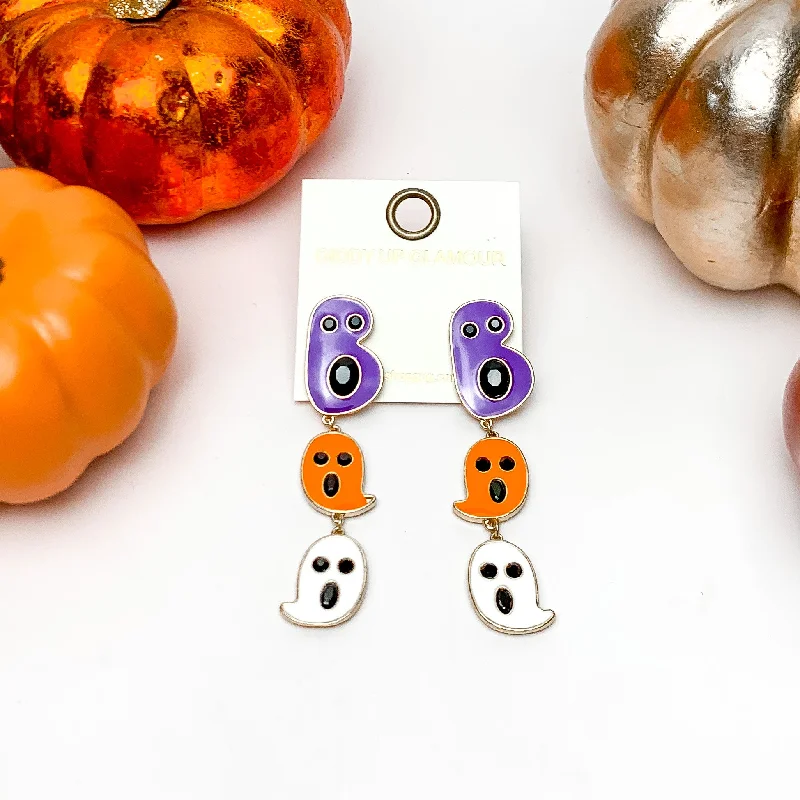 Colorful Stud Earrings-Ghost Drop Post Earrings with Black Crystals in Purple, Orange, and White