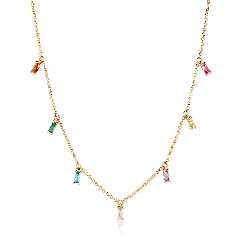 Sparkling Pendant Necklace-Princess Baquette Gold Plated Necklace w. Pink, Blue, Green, Orange & Purple Zirconias