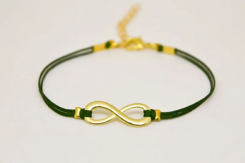 Unique Gold Bracelet with Diamonds-Gold infinity bracelet for women, green cord, yoga jewelry