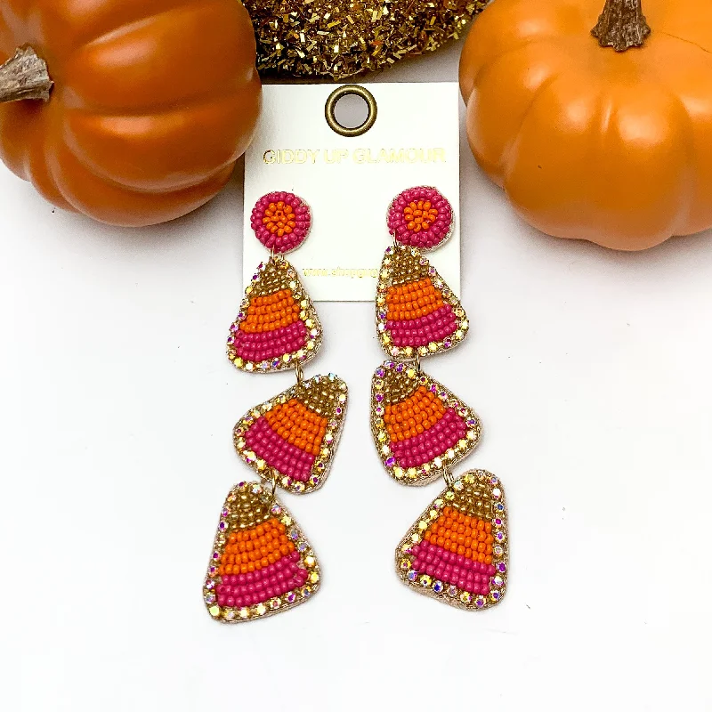 Fashionable Drop Earrings-Three Tier Candy Corn Beaded Earrings in Orange and Pink