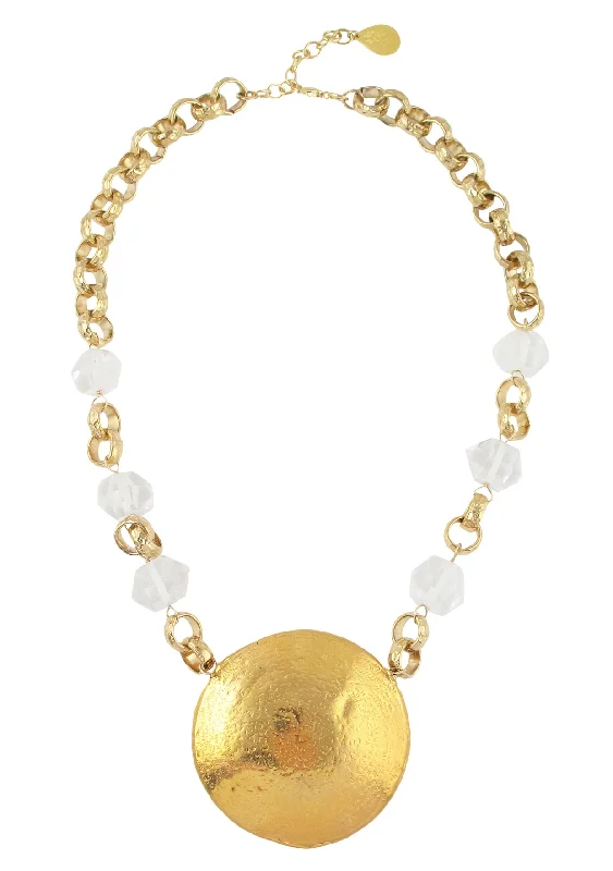 Boho Style Necklace-Clear Quartz Gold Medallion Necklace