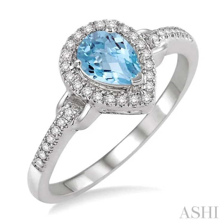 Classic Sapphire Wedding Band-7x5 MM Pear Shape Aquamarine and 1/6 Ctw Round Cut Diamond Ring in 14K White gold