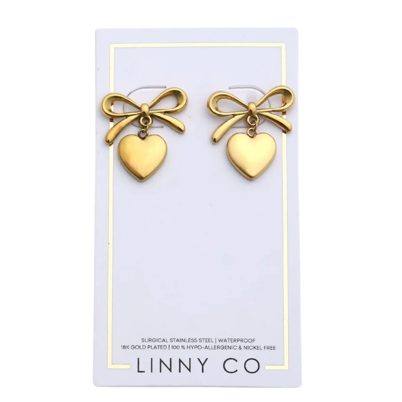 Gold Earrings with Crystals-Linny Co | Ruthie Bow and Heart Drop Earrings in Gold