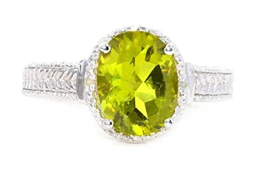 Stunning Engagement Ring-3 Ct Peridot & Diamond Oval Ring .925 Sterling Silver Rhodium Finish