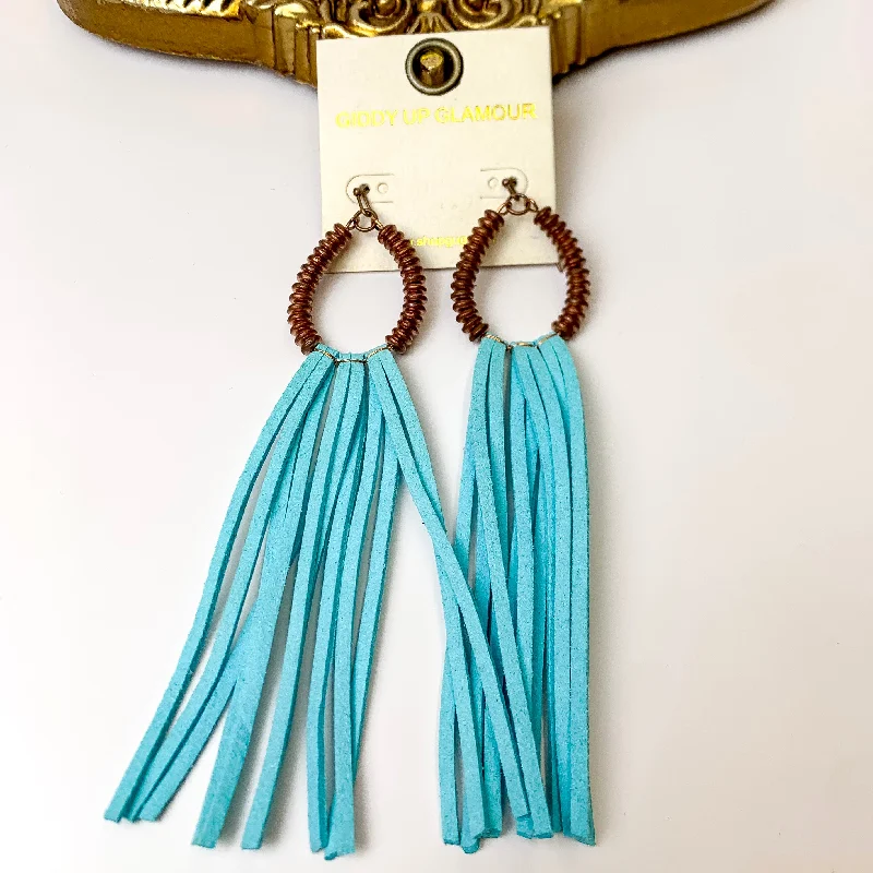 Beaded Earrings for Weddings-Copper Tone Metal Disk Beaded Teardrop Earrings with Teal Blue Faux Leather Tassels