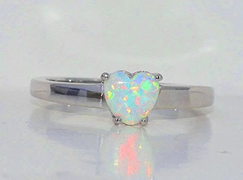 Unique Gemstone Ring for Women-6mm Opal Heart Ring .925 Sterling Silver Rhodium Finish