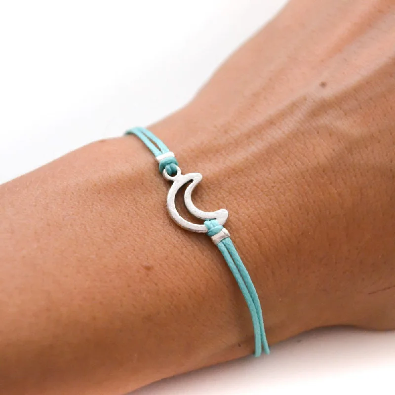 Personalized Silver Bracelet for Women-Turquoise cord bracelet with a silver crescent moon charm, gift for her