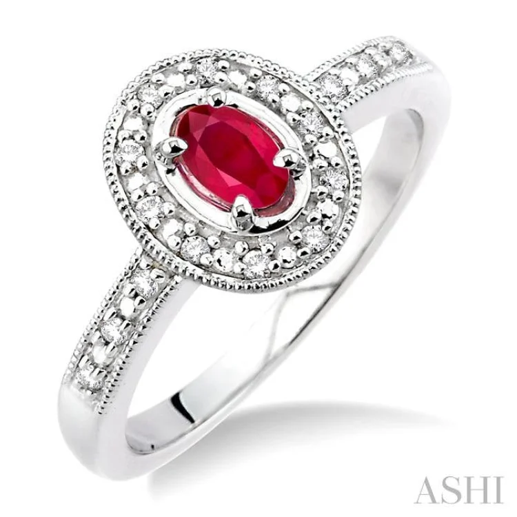 Men's Wedding Band-5x3 MM Oval Cut Ruby and 1/10 ctw Single Cut Diamond Ring in 10K White Gold.