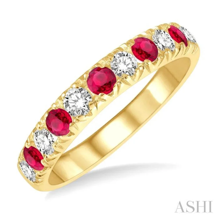 Custom Ruby Engagement Ring-2.6 MM Ruby and 3/8 ctw Round Cut Diamond Precious Wedding Band in 14K Yellow Gold